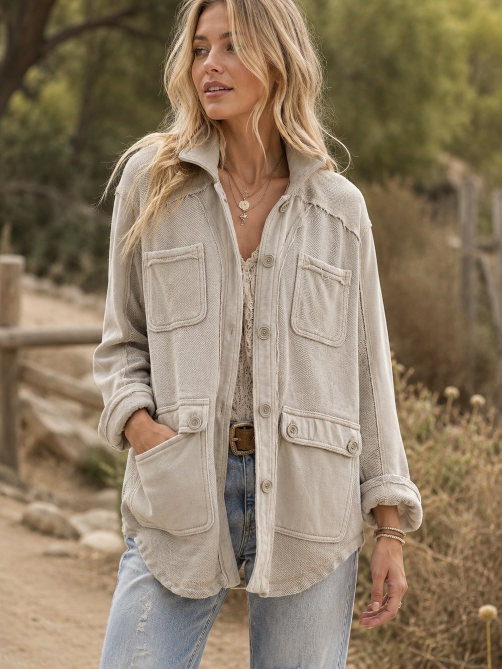 Pilcro Anthropologie Shacket Jacket Beige Oatmeal‎ Raw Edge Utility